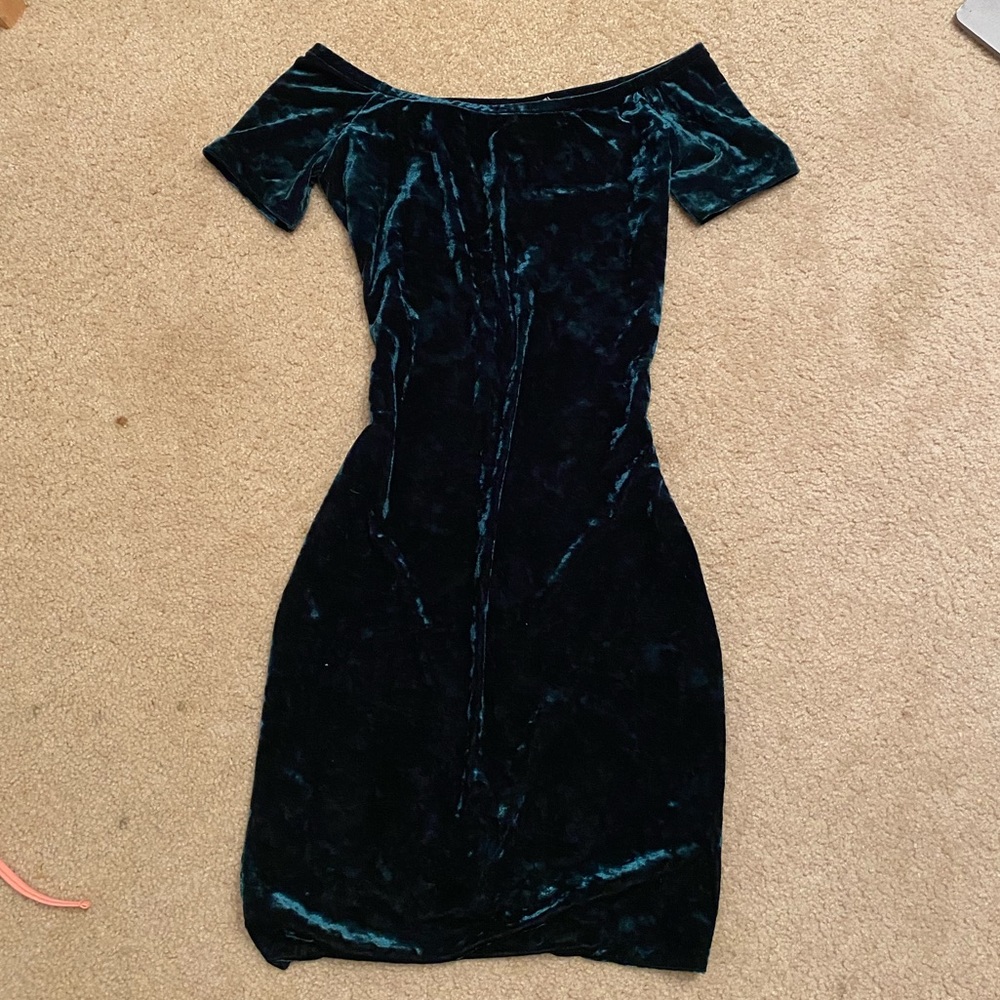 Green Velour off the shoulder dress